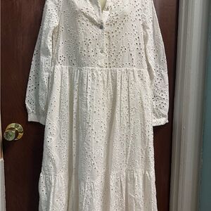 Zara White Long Sleeve Eyelet Dress